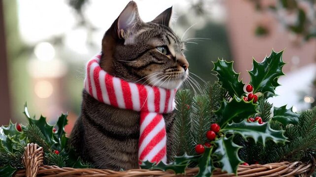 a cat with a red and white scraft sit in the basket deco for christmas video
