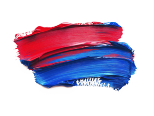 Vibrant abstract painting with bold red and cool blue sections. Thick textured paint application creates depth and dimension. Red and blue colors stand out against isolated transparent background.