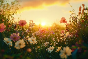 Obraz premium Sunset Over Colorful Flower Meadow