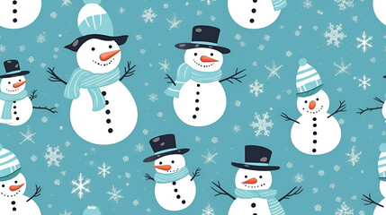 Christmas continuous pattern of funny snowmen and snowflakes. Christmas background for packaging and wallpaper.