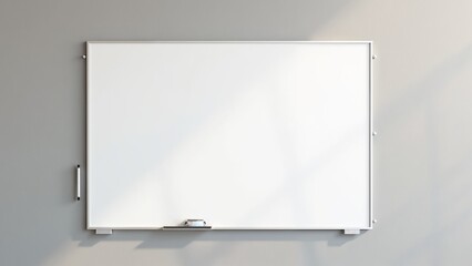 A blank whiteboard mounted on a wall, ready for notes and ideas, illuminated by natural light during the day