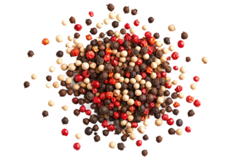Mixed colorful pepper grains and flakes on isolated transparent background. Red and white peppers of varying sizes create visually striking contrast against isolated transparent background. Alpha mask