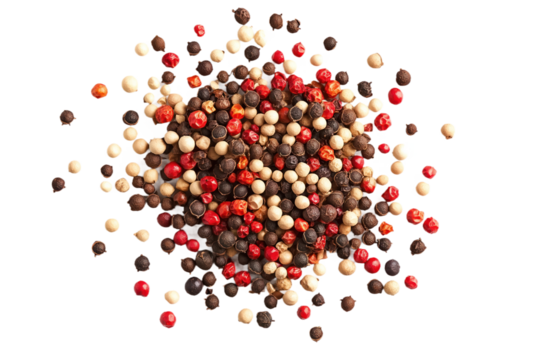Mixed colorful pepper grains and flakes on isolated transparent background. Red and white peppers of varying sizes create visually striking contrast against isolated transparent background. Alpha mask