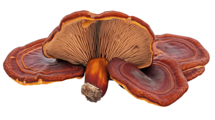 Close-up of brown mushroom with white stem. Isolated on gray background, vibrant orange, fresh fungal ingredient. Healthy, vital, edible, food, autumn, raw, ingredient, nature, organic, natural,