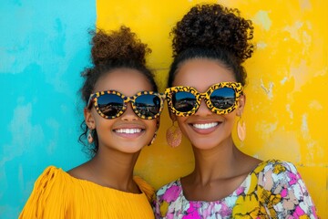 Joyful Mother-Daughter Moment with Bright Sunglasses