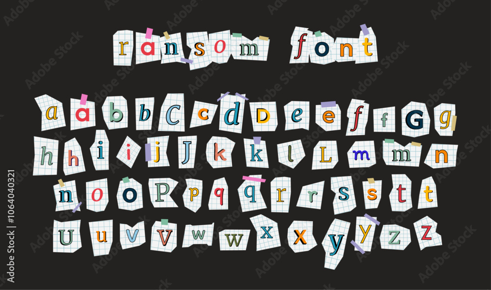 Fototapete vector ransom font isolated on black background. diverse notebook cutout alphabet for collages and s