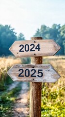Wooden signpost pointing to 2024 and 2025 in a field