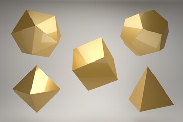 Set of Golden Platonic solids isolated on a gray background. Dodecahedron, icosahedron,...