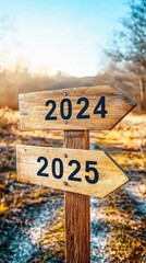Obraz premium Wooden signpost pointing to 2024 and 2025 in a field