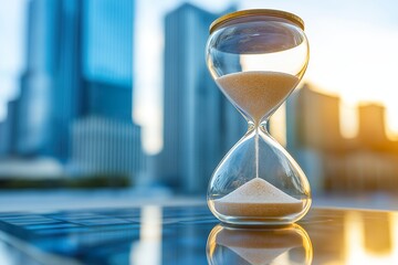 An hourglass symbolizing time in a financial district