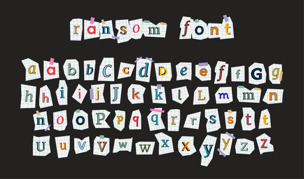Vector ransom font isolated on black background. Diverse notebook cutout alphabet for collages and scrapbooking. Handmade typography type from paper cut.