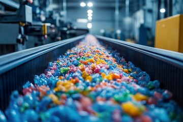 Obraz premium Conveyor belt moves colorful bottles for recycling