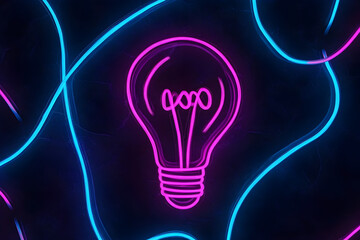 A glowing neon image of a lightbulb shadow with swirling blue and purple neon lights against a dark background.