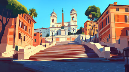 Morning view of spanish steps and piazza di spagna in rome, italy. Italian Renaissance Piazza. Illustration