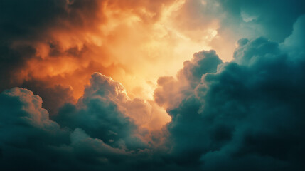 Obraz premium Dramatic Sky with Golden Sunset Glow. Dramatic storm clouds illuminated by warm, golden light. Perfect for depicting themes of nature, dramatic weather, or atmospheric landscapes. Generative AI.