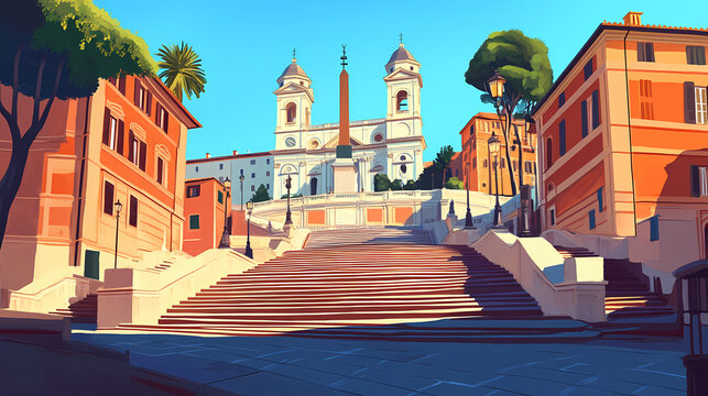 Morning view of spanish steps and piazza di spagna in rome, italy. Italian Renaissance Piazza. Illustration