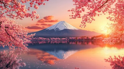 Serene View of Snowcapped Mount Fuji Reflected in a Calm Lake Surrounded by Cherry Blossoms, Perfect for Travel or Nature Inspired Designs Generative AI
