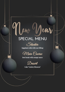 New Year menu on black background with New Year's balls. Gold circles. Winter vector illustration, New Year gentle poster, banner