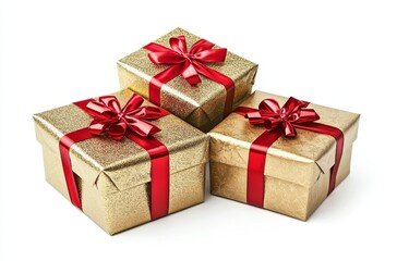 Obraz premium Three Christmas Gift Boxes Wrapped in Gold Paper with Red Ribbons on White Background, Photorealistic High Resolution, Perfect for Holiday Gift Giving and Seasonal Promotions Generative AI