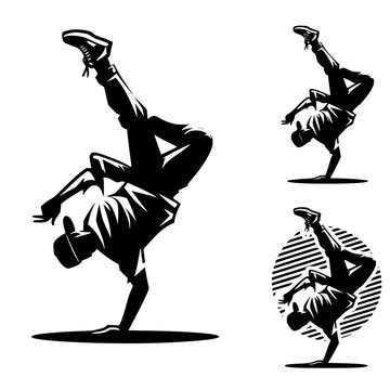 Breakdancer b-boy in freeze pose, silhouette icon and logo set for hip hop and street dance.