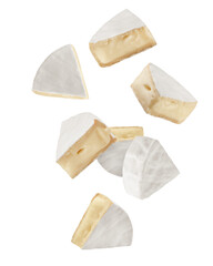 Falling cheese Camembert or Brie, isolated on white background, full depth of field