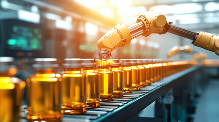 Automated robotic arm fills bottles on an assembly line..