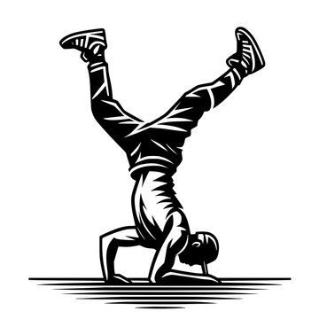 B-Boy breakdancer in freeze headstand pose, dynamic street dance vector logo.