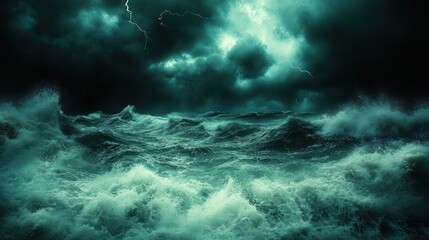 A stormy sea with lightning strikes in the dark sky.