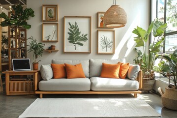 Cozy living room with orange cushions and indoor plants in a stylish urban apartment