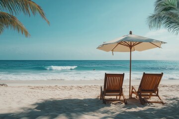 Obraz premium Relaxing beach chairs under an umbrella near calm ocean waves on a sunny day