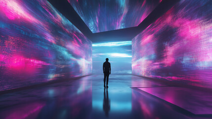 テクノロジーやAIの進化を感じさせるインタラクティブな体験空間を歩く人物