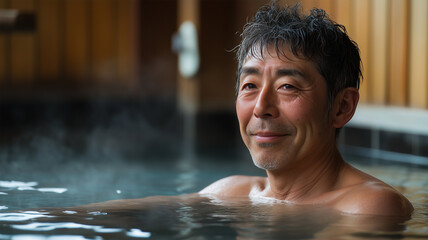 温泉で心癒される男性