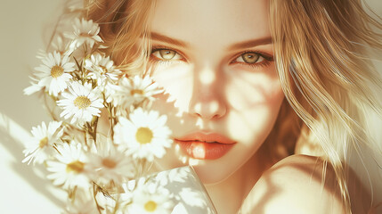 Naklejka premium A woman with blonde hair and green eyes holds a bouquet of daisies..