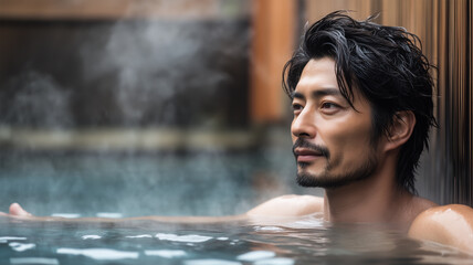 Fototapeta premium 和風の温泉に浸かる男性
