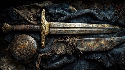 A tarnished medieval sword and scabbard lie on a dark cloth background, with an old round shield.