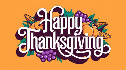 Obraz premium Happy Thanksgiving graphic with pumpkins, corn, and grapes.