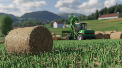 Obraz premium A hay bale lies in a field of green grass with a tractor in the background..