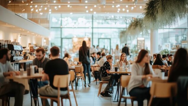 Blurred background of an event hall with people sitting at tables and standing, white wall, minimalist style, blurred background, minimalistic interior design, modern coffee shop Generative AI