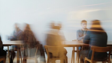 Blurred background of an open-space cafe with people in business attire sitting at tables, a white wall, and wooden furniture Generative AI