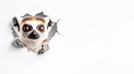 Naklejka premium Curious ring-tailed lemur peeking through white paper hole