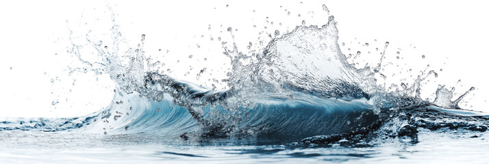 Large blue wave with curling crest splashes over light gray ocean surface. Deep blue water with small ripples. Horizon line separates ocean from clear sky. Low-angle view looks up at wave. Transparent