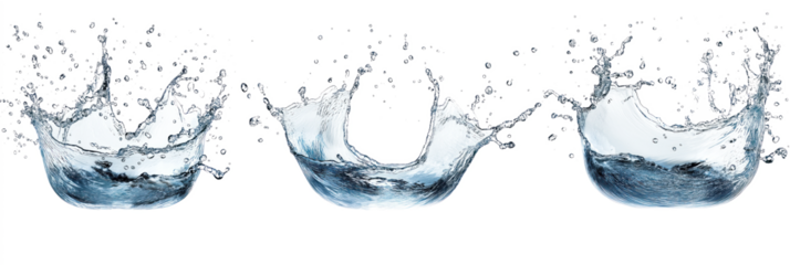 Three blue water droplets in time-lapse sequence on light brown background. Vibrant blue, lighter blue, darker blue colors. Small white circles add contrast. Transparent isolated alpha mask.