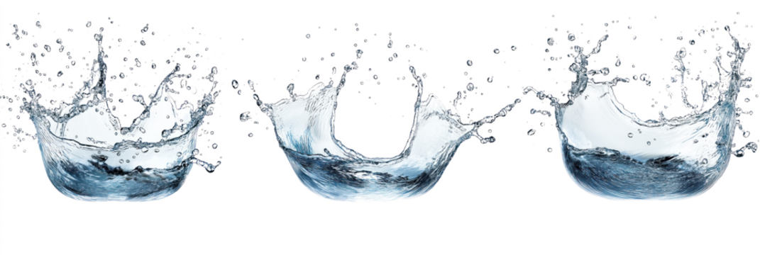 Three blue water droplets in time-lapse sequence on light brown background. Vibrant blue, lighter blue, darker blue colors. Small white circles add contrast. Transparent isolated alpha mask.