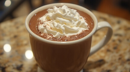 classic hot chocolate with whipped cream, cozy and inviting, representing a comforting winter beverage.
