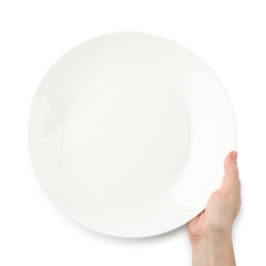 Woman with empty ceramic plate on white background, top view