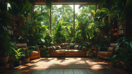Fototapeta premium A tropical living room with large windows showcasing lush greenery and sunlight.