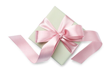 Beautiful gift box with pink bow isolated on white, top view