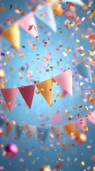 Colorful party decorations and confetti create a festive atmosphere on a clear blue day