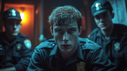 Fototapeta premium Intense police officers in dramatic lighting young team focused on mission in dimly lit station room with expressive mood and ambiance