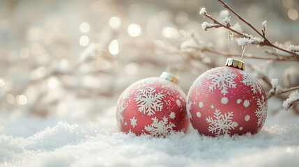 Christmas tree decorations against a snowy background, highlighting the winter and festive mood, copy space 